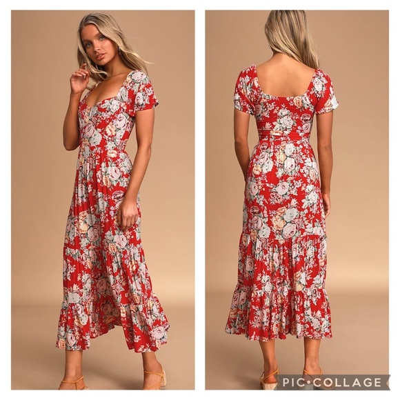 Auguste The Label Reverie Red Floral Print Tiered Puff Sleeve Midi Dress Size 0 - Picture 1 of 13